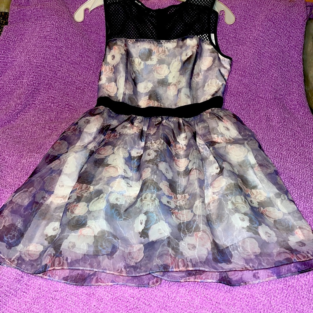 Sheer floral dress with petticoat under.. netting sleeves and collar.. zip up
